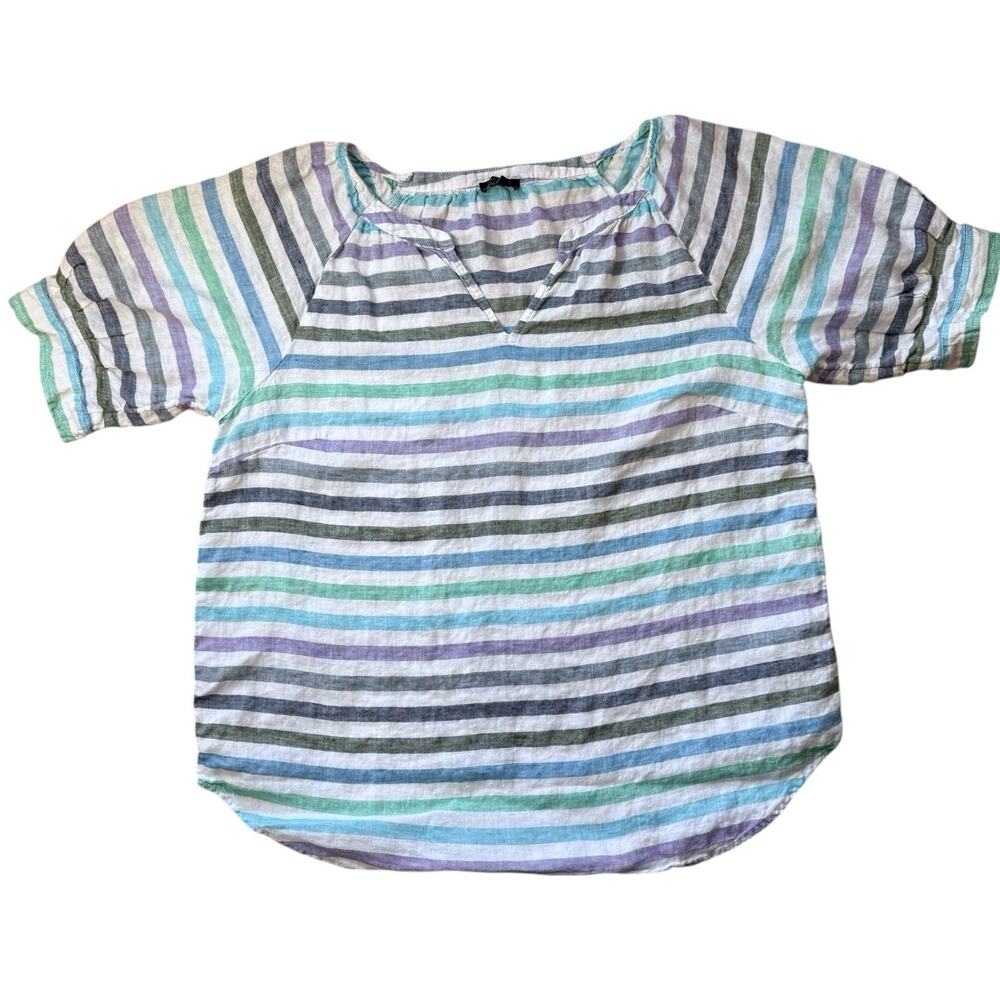 Talbots 100% Linen Popover Size Large Rockport Stripe Boxy Lagenlook Breathable